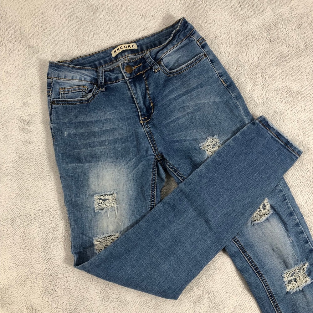 Encore Distressed Skinny Jeans Juniors Size 3 Denim Blue Ripped Grunge Women's